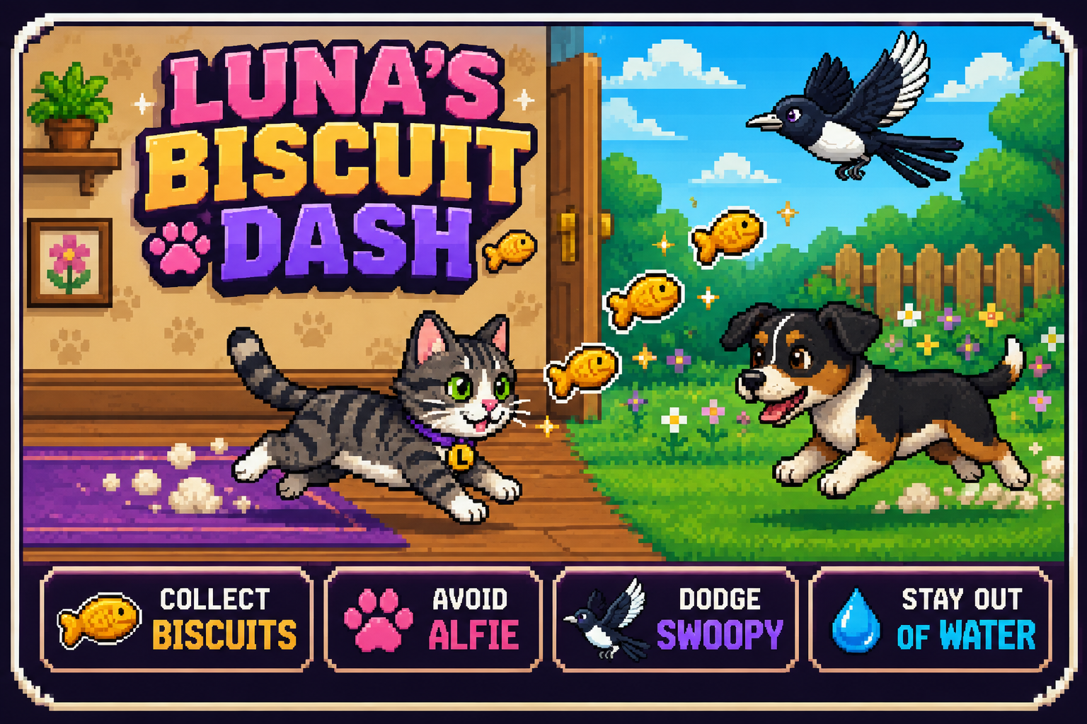 Luna the cat dashing through a cosy kitchen collecting fish biscuits